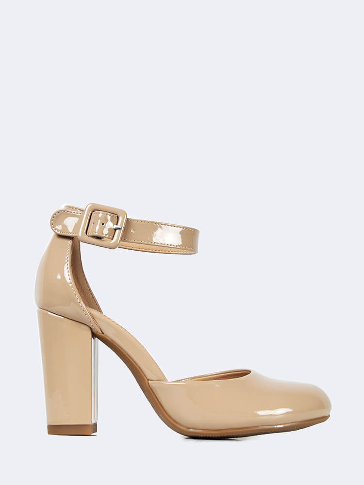 Round Closed Toe Ankle Strap Chunky High Heel